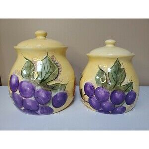 SET OF 2 HOME TRENDS "VERDONA" LARGE FRUIT DESIGN CANISTERS 8" - 8.5" TALL